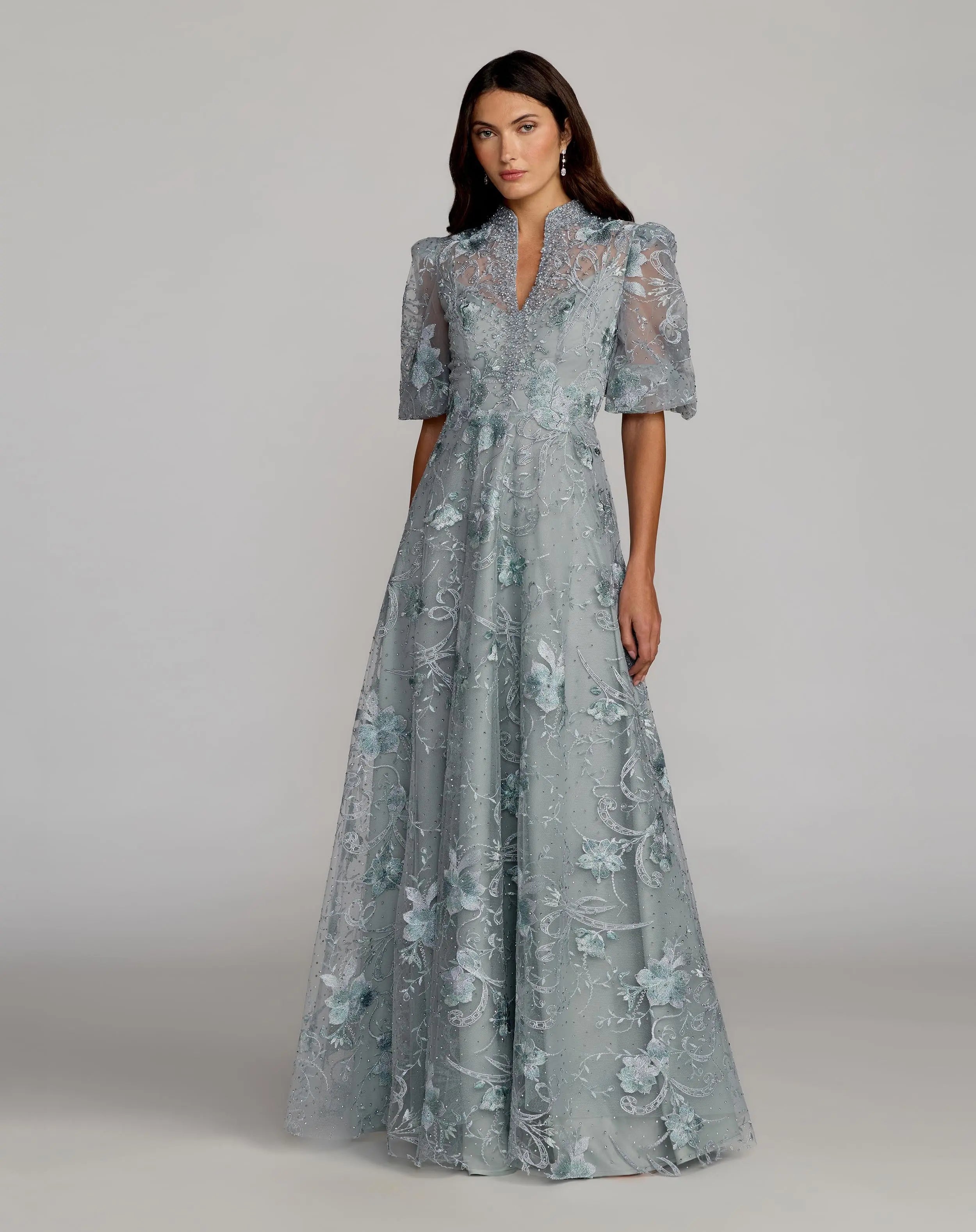 Image of Blue Queen Anne Puff Sleeve Embroidered A-Line Gown