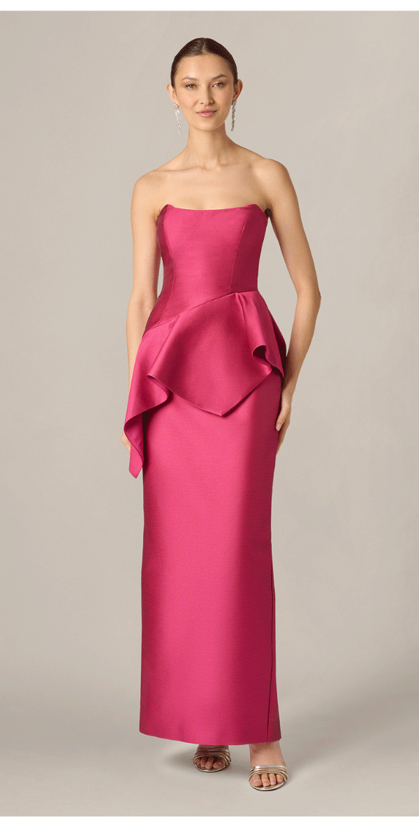 Strapless Asymmetrical Peplum Gown In Bright Rose