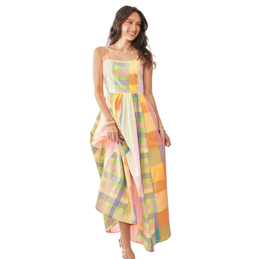 Image of Stripe Plaid Color Smocking Midi Dress