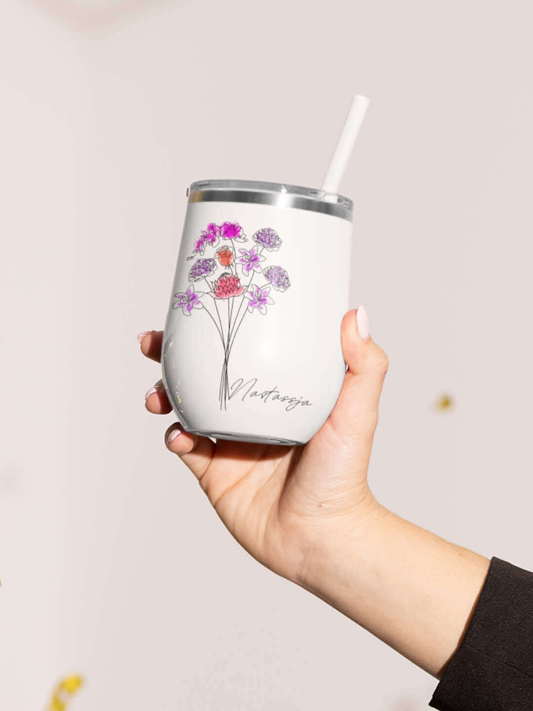 Image of Personalised Steel Tumbler with Flower Bouquet Design