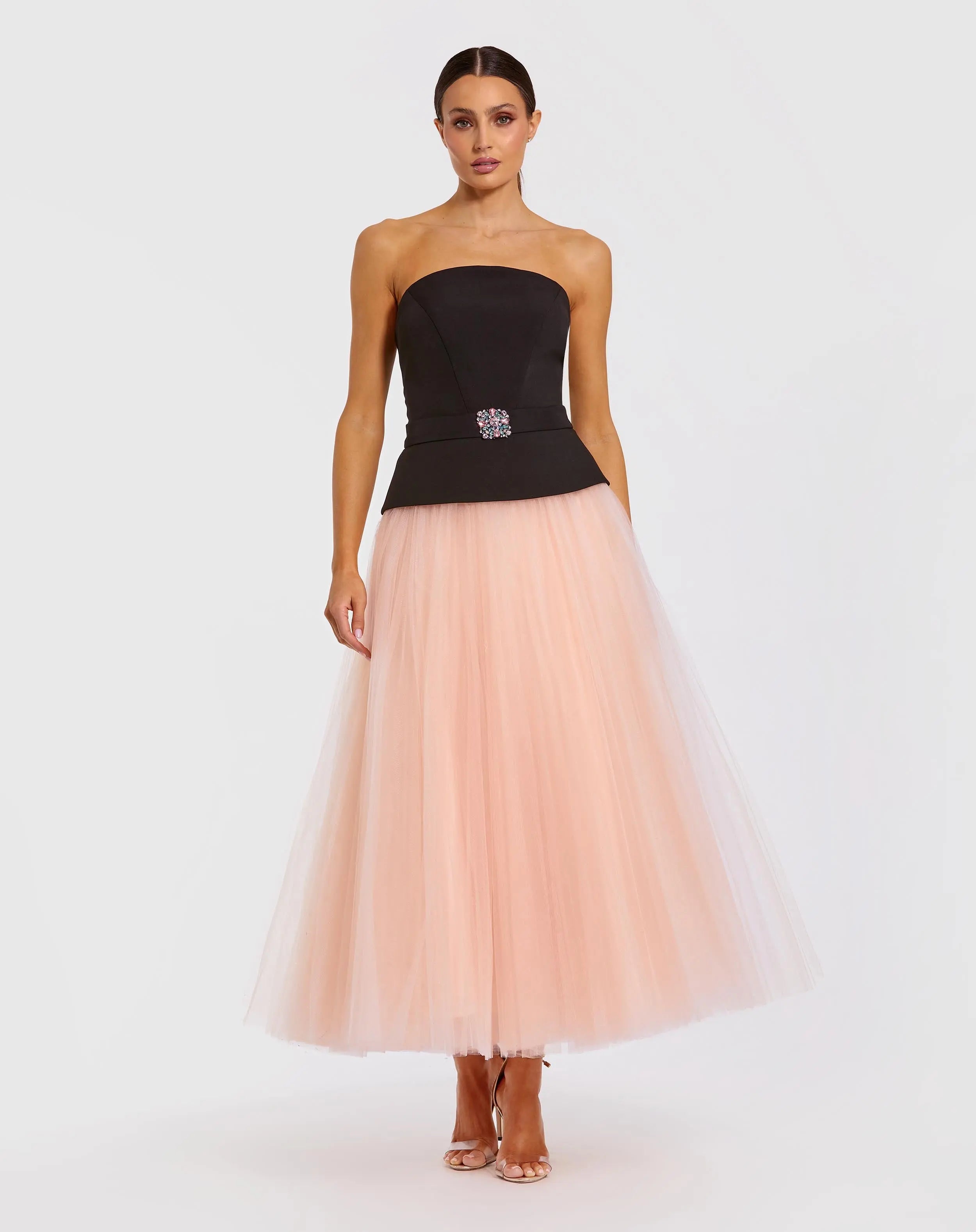 Image of Black and Pink Strapless Midi Dress With Tulle Skirt