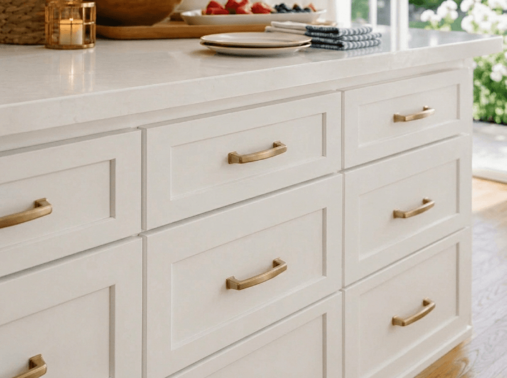 White kitchen drawers with gold handles