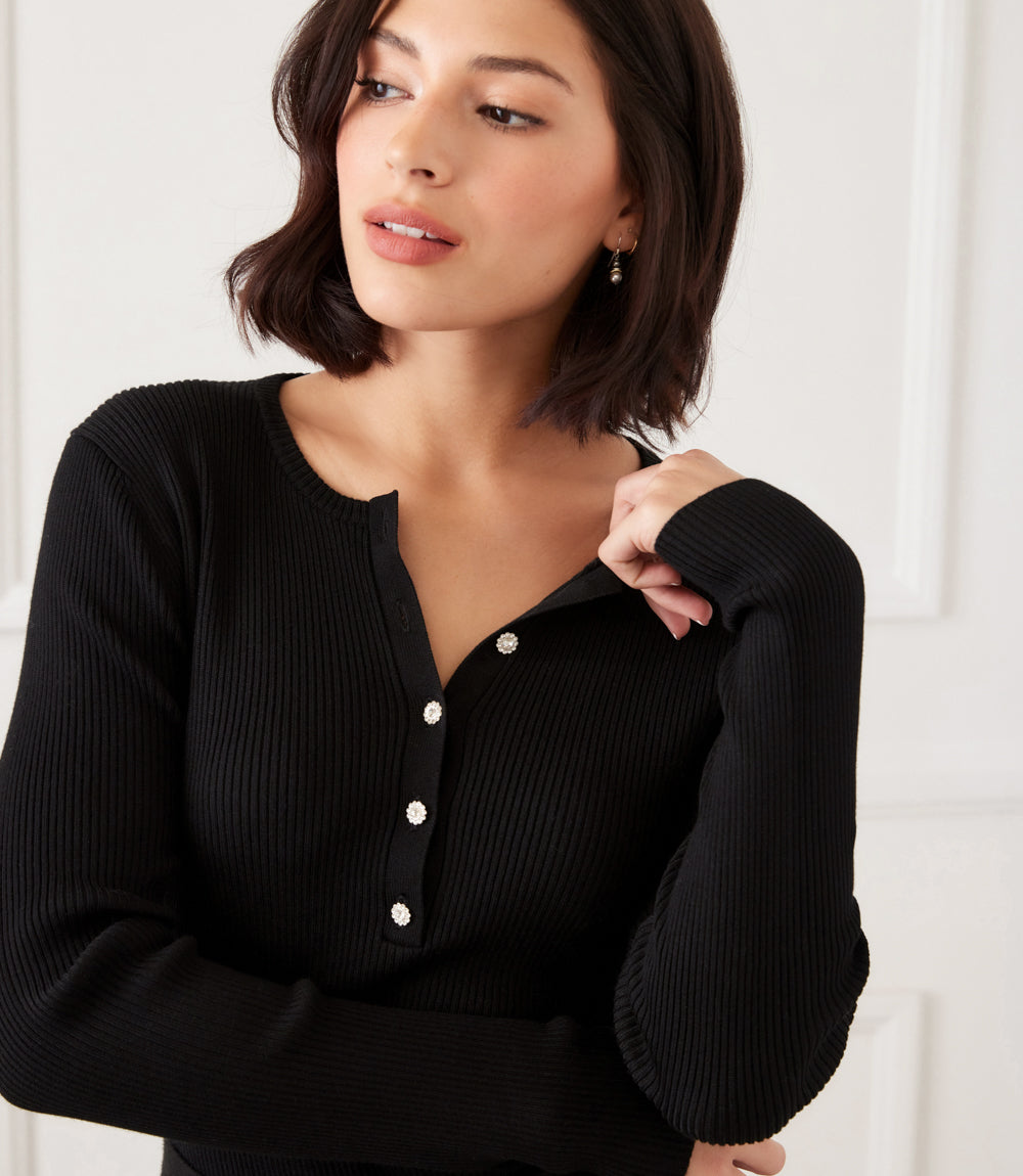 Image of Henley Ribbed Crewneck Sweater