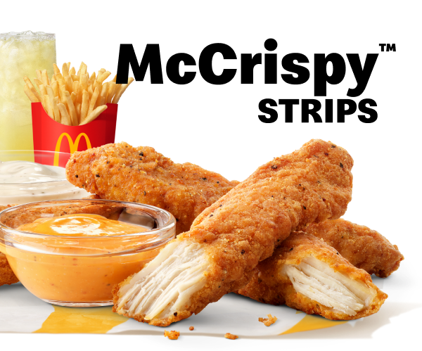 McCrispy Strips meal featuring Creamy Chili Dip and Ranch, plus medium fries and a lemonade.
