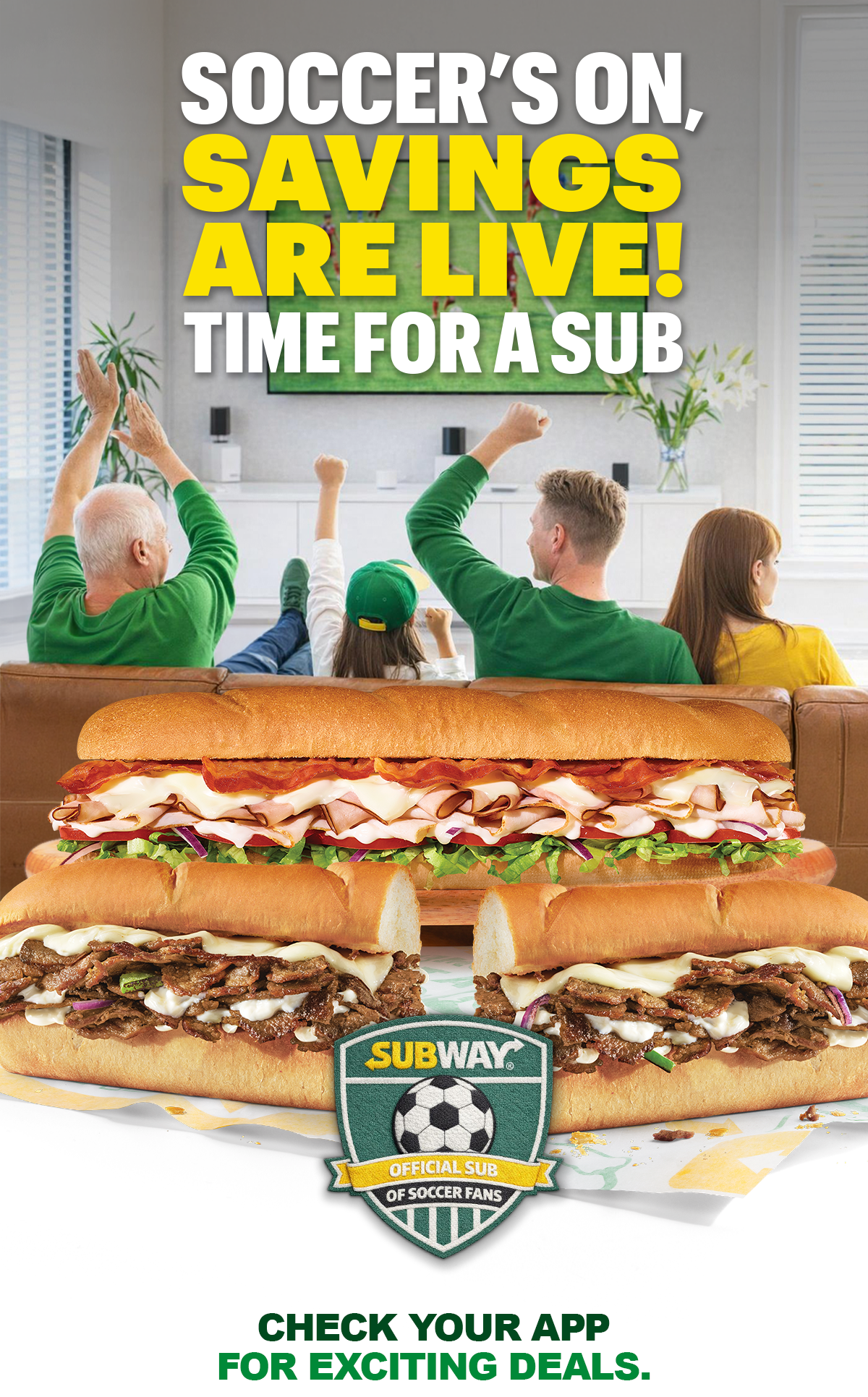 Subway® promotional email highlighting gametime eats in the App or online. Headline text reads “Soccer’s on, savings are live! Time for a sub.” Below highlithes the offer a $6.99 footlong. Additional text encourages checking the app for deals and features a button labeled “Kick it off” and “Order for gametime,” with “Soccer is on. Time for a sub.” at the bottom. The email finishes with a section reminding guests that when USA wins, so do they with 40% Off a Footlong.