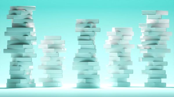 The illustration shows some stacked white books in soft mint tones, floating in balanced towers on a clean pastel background