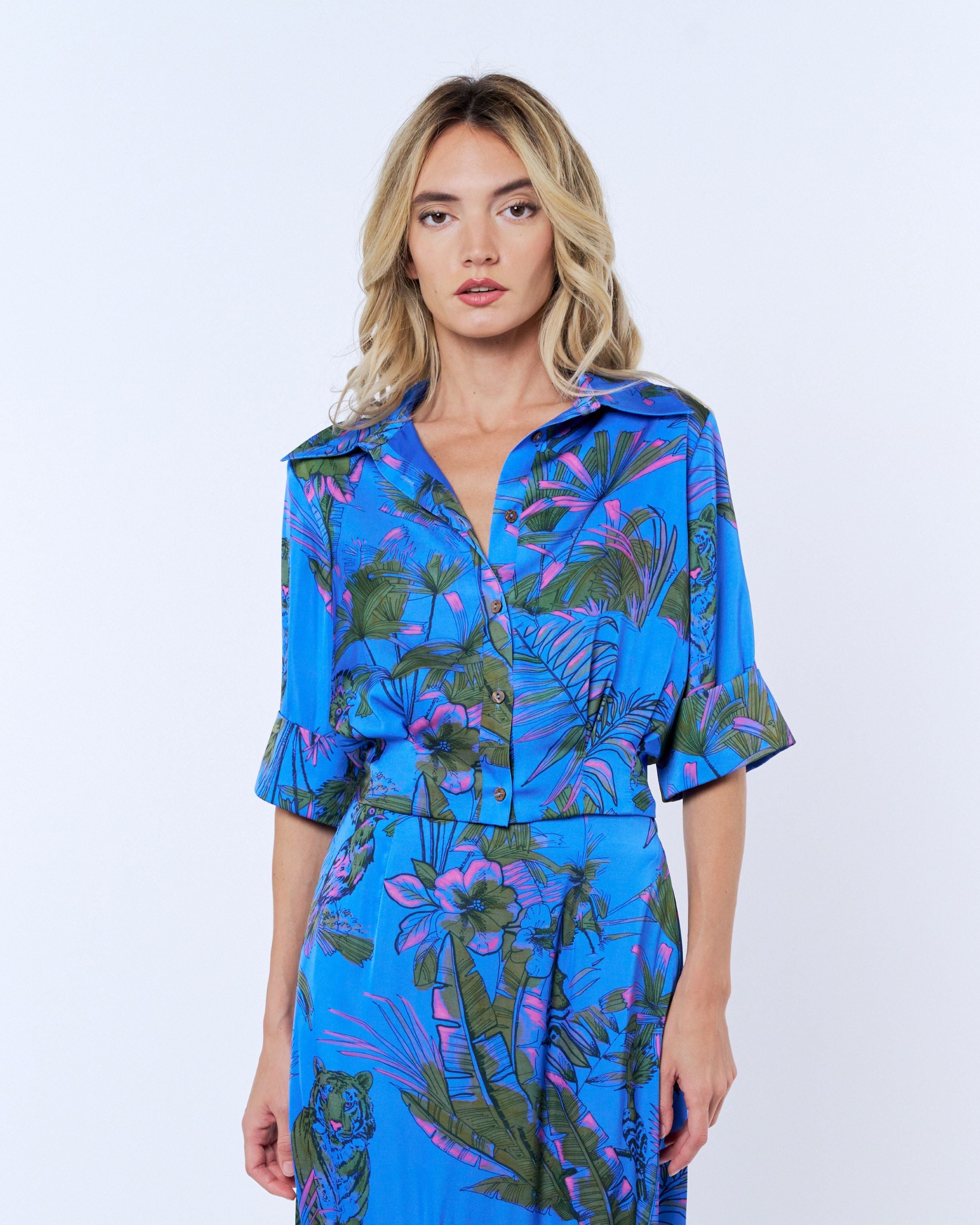 Image of Aurelia Tropical Print Pleated Button-Up Top