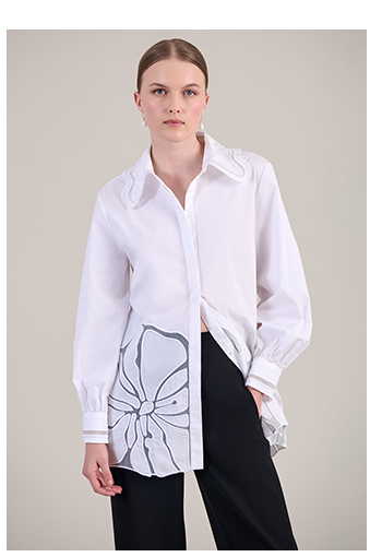 LONG SLEEVE WHITE SHIRT WITH SHEER OVERSIZED WHITE FLOWER