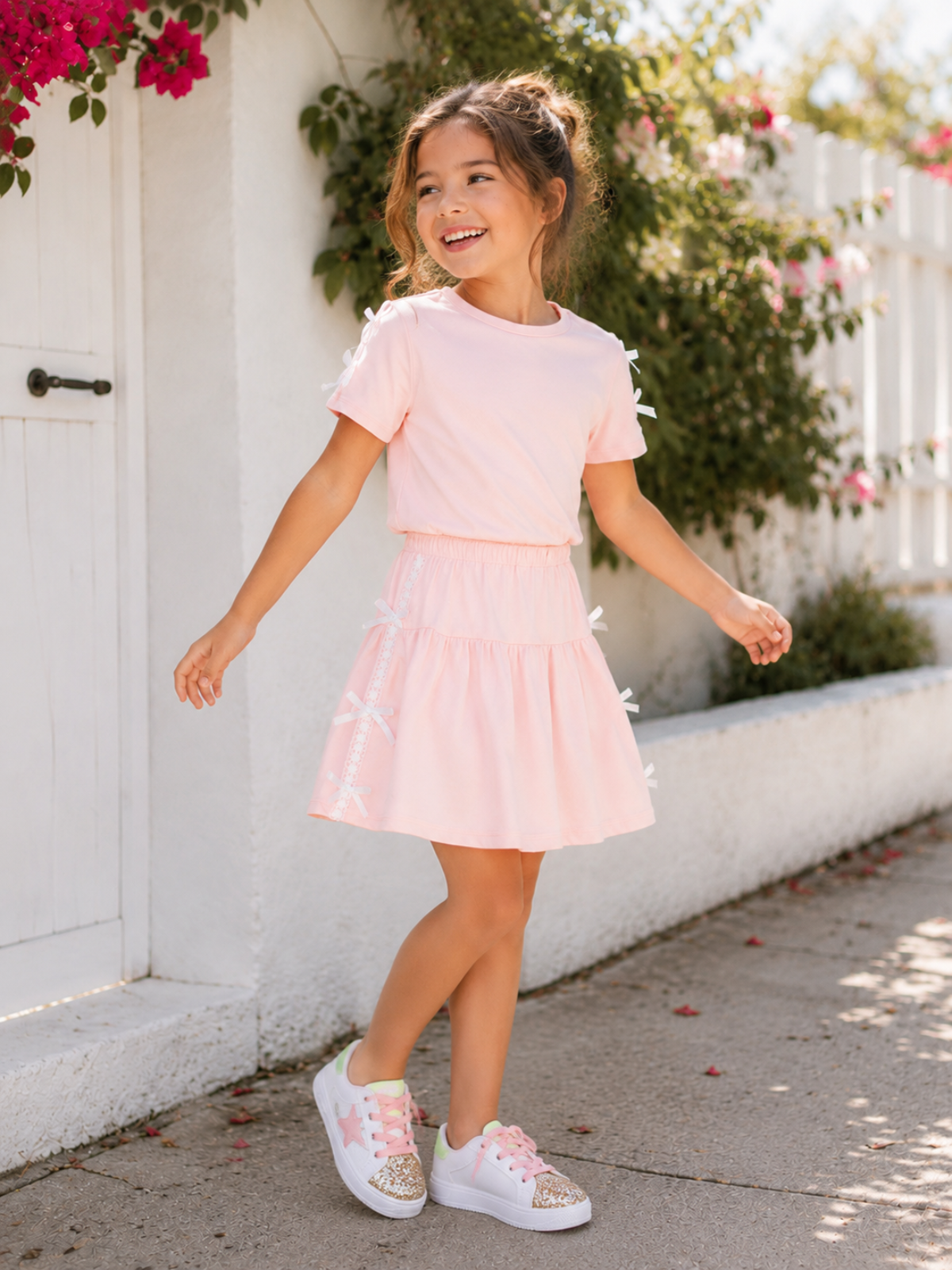 Image of Pink Lace Bow Top and Pleated Skirt Set
