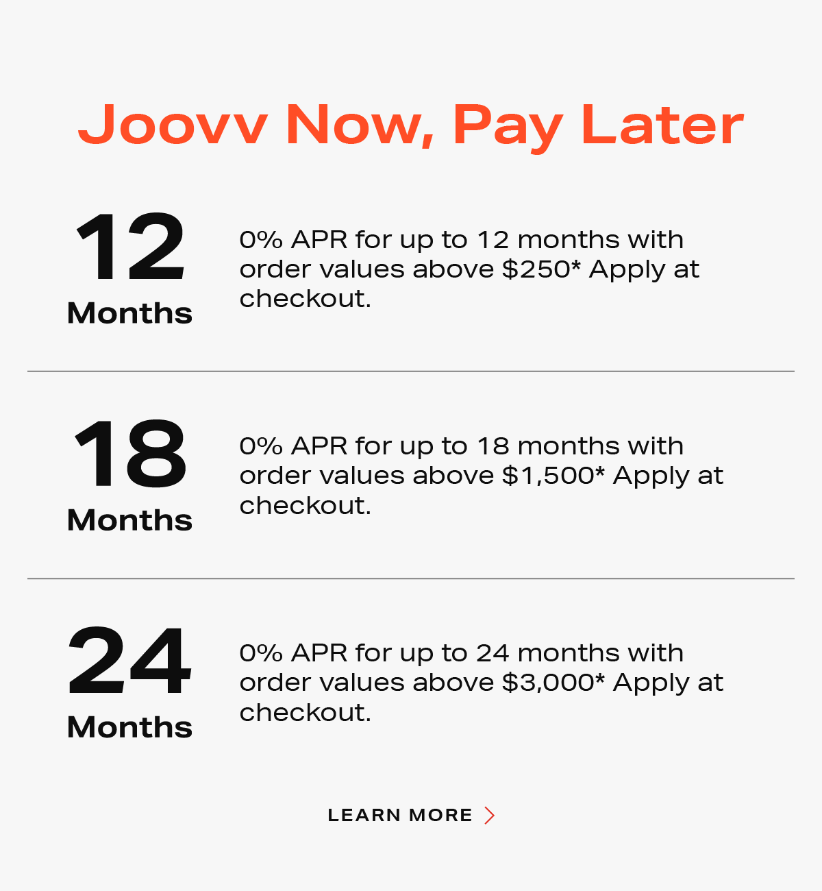 Joovv Now, Pay Later with 12-24 month financing options up to 0% APR*.