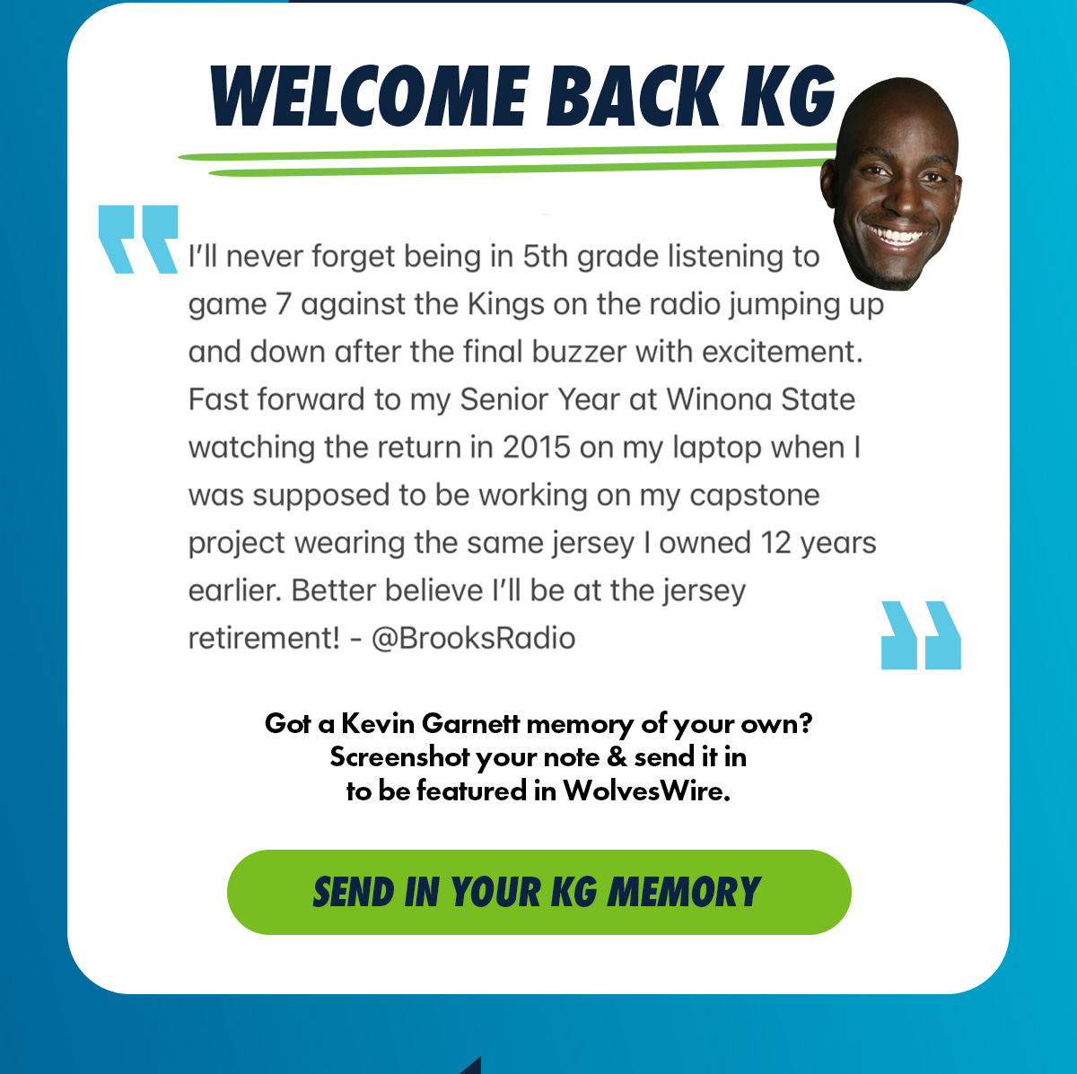 Welcome back KG