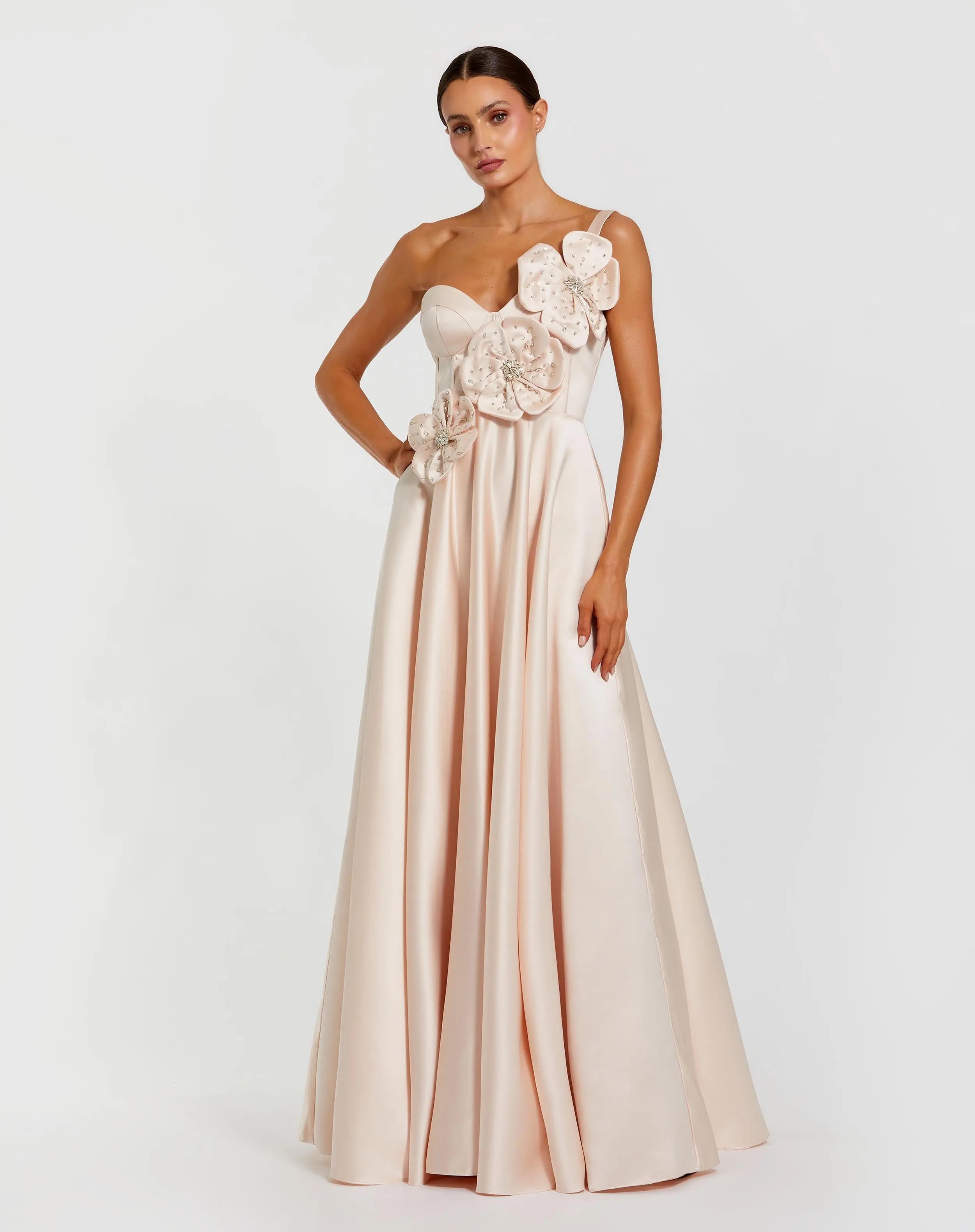 Image of Light Pink Satin Bustier Ball Gown With 3D Flowers