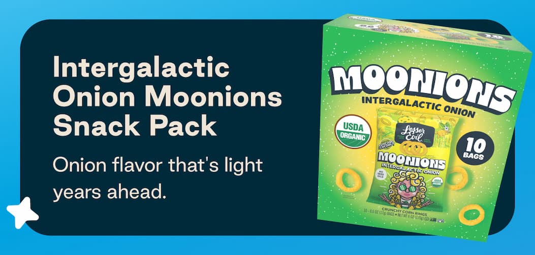 Intergalactic Onion Moonions Snack Pack. Onion flavor that's light years ahead. 
