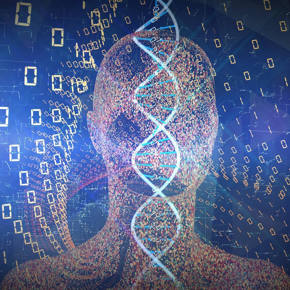 Abstract illustration showing the human form overlaid with DNA helix and binary language