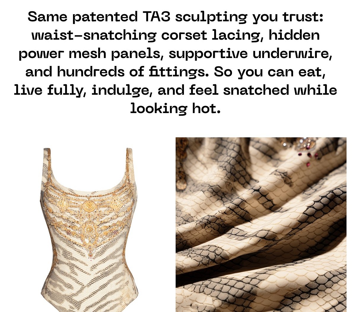 Same patented TA3 sculpting you trust: waist-snatching corset lacing and supportive underwire.