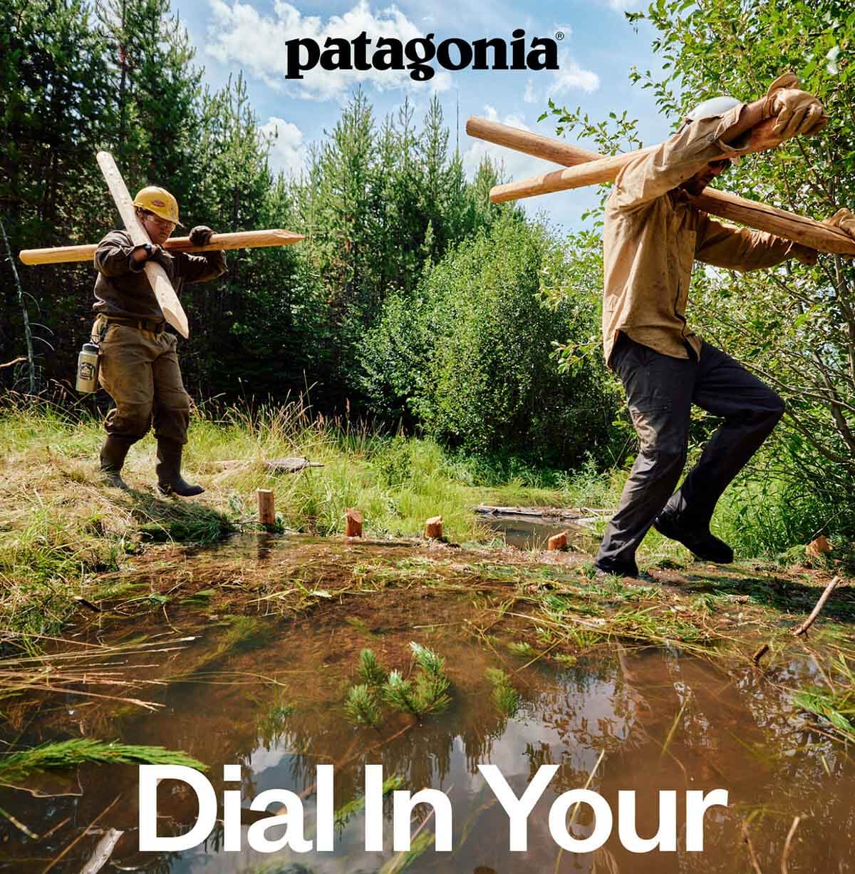 Two restoration crew members hike through a beaver pond with wooden posts over their shoulders. 