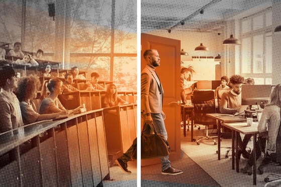 A photo illustration of a professor walking through a door from a classroom into an office workplace setting.