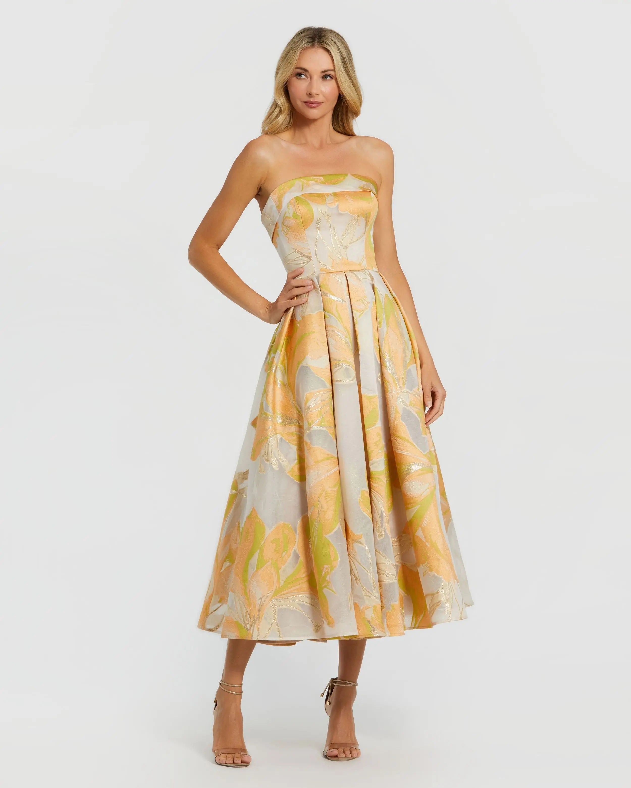 Image of Beige and Orange Strapless Brocade Midi Dress with Pockets