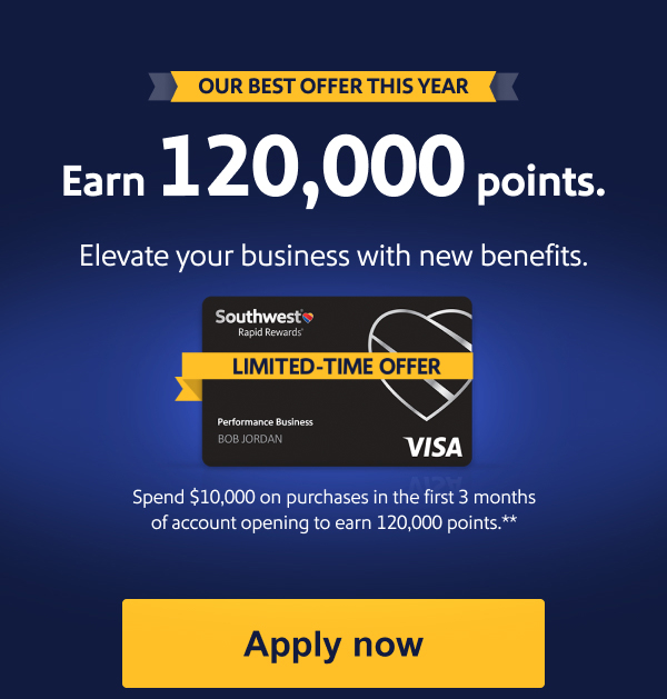 Our best offer this year.  Earn 120,000 points. Spend $10,000 on purchases in the first 3 months of account opening to earn 120,000 points.**[Apply now]