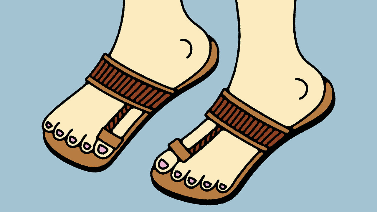 Illustration of the feet of a white person wearing kolhapuri chappal sandals