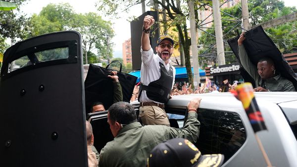 Presidential candidate Abelardo de la Espriella of the Defenders of the Motherland arrives for a campaign rally