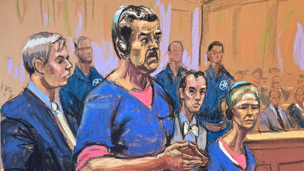 Courtroom sketch showing Nicolas Maduro and his wife, Cilia Flores, attending court.