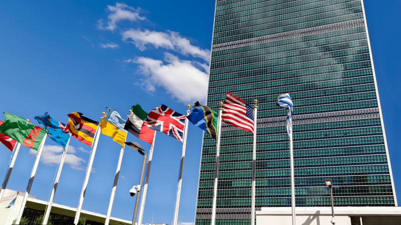 United Nations building with flags waving outside