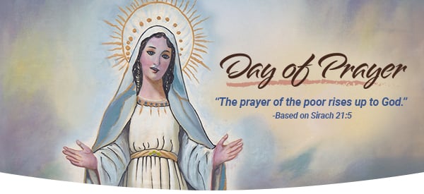 Mary, dressed in a white gown and standing on clouds, extends her arms in welcome.