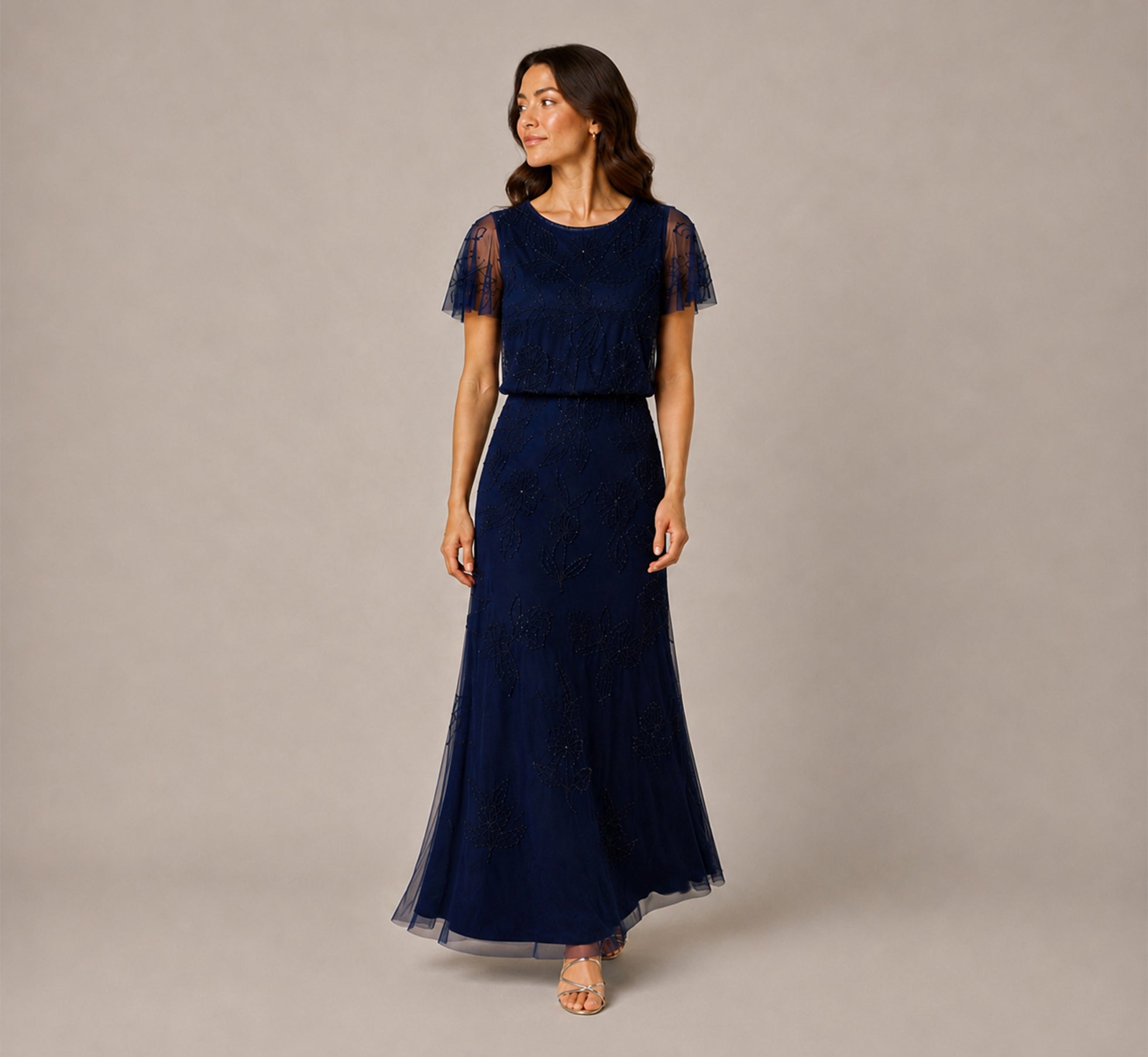 Image of Petite Flutter Sleeve Floral Beaded Blouson Gown In Navy