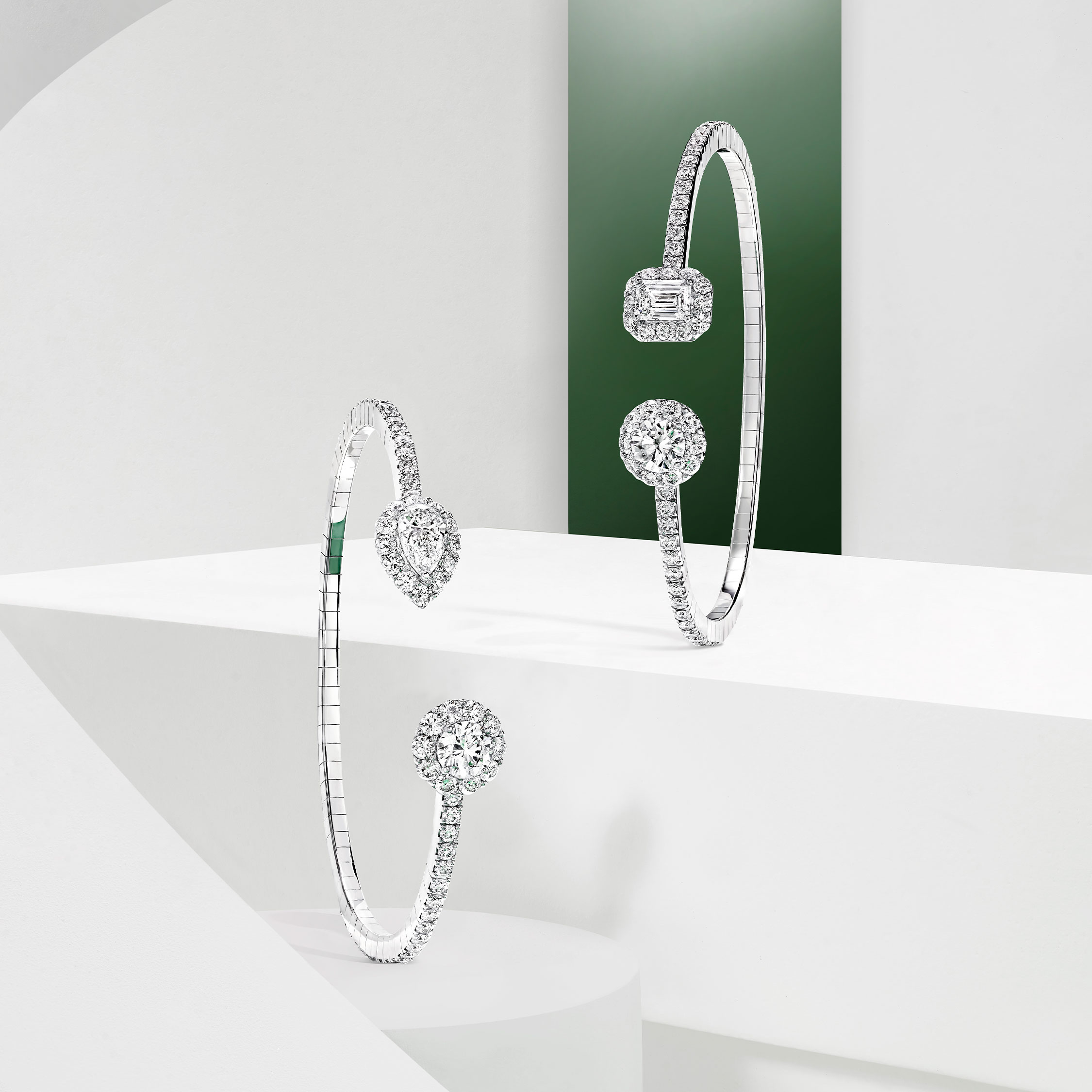 Graff Icon Round and Emerald Cut Open Diamond Bangle and Icon Round and Pear Shape Open Diamond Bangle