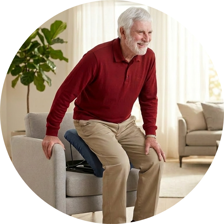 An elderly man standing up with the Carex UpEasy Seat Assis Plus