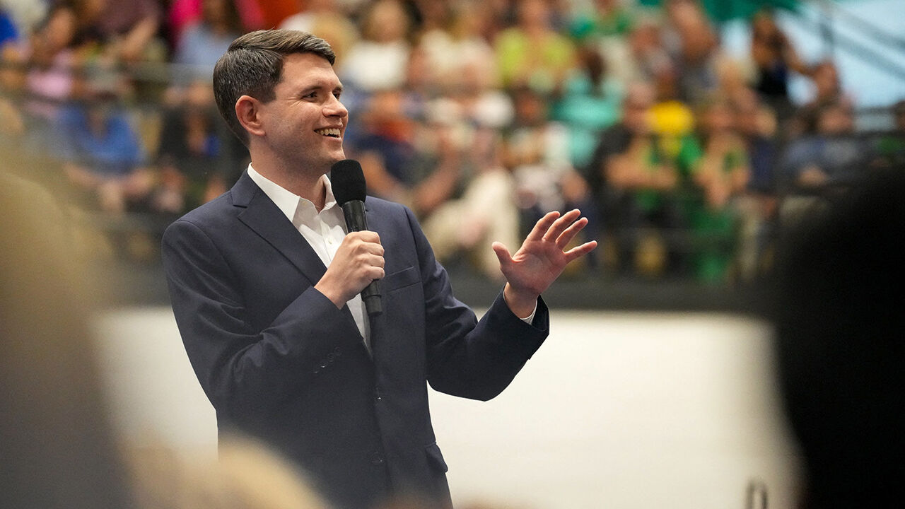 James Talarico speaking at an event in Austin, Texas