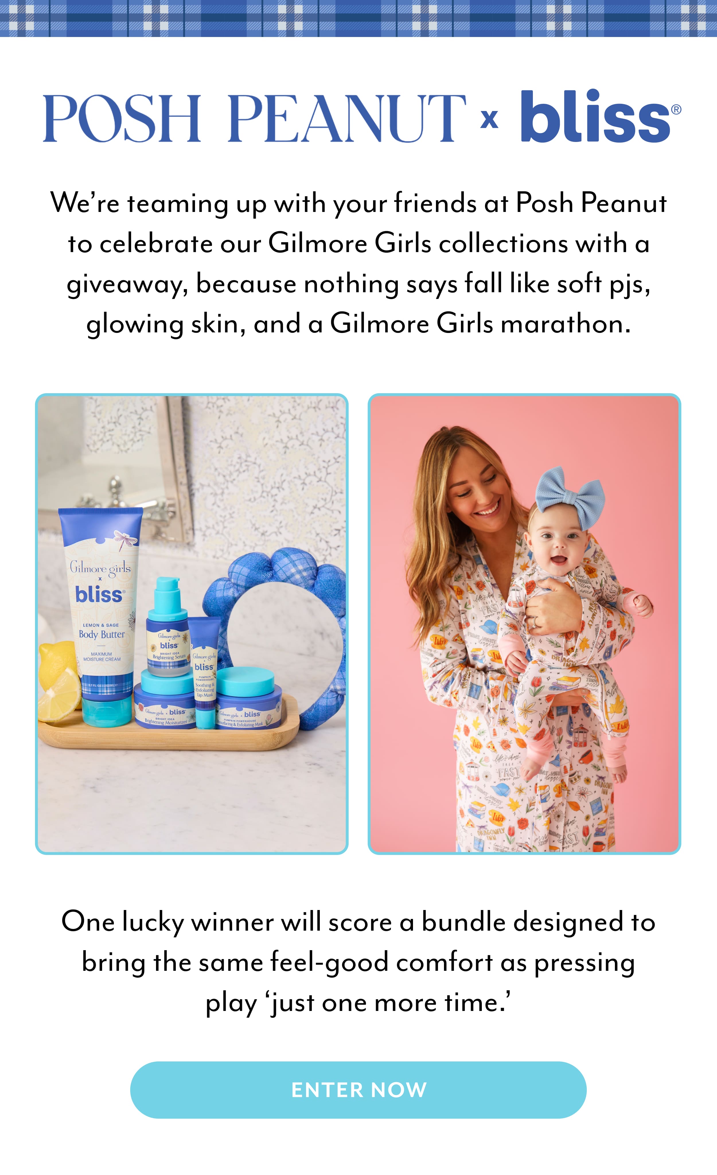 We’re teaming up with your friends at Posh Peanut to celebrate our Gilmore Girls collections with a giveaway, because nothing says fall like soft pjs, glowing skin, and a Gilmore Girls marathon.