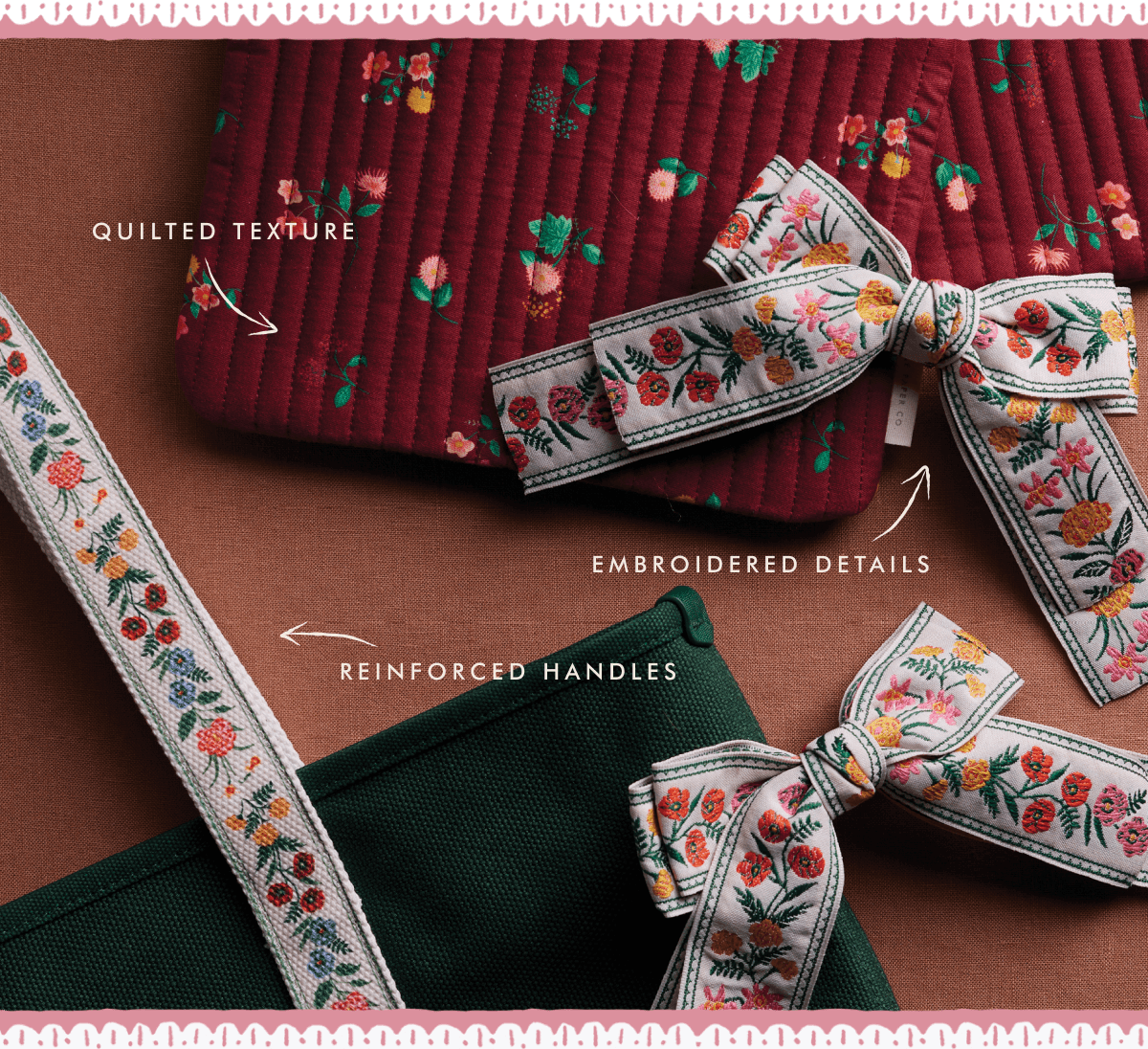 - QUILTED TEXTURE - EMBROIDERED DETAILS - REINFORCED HANDLES
