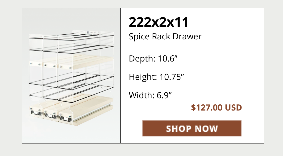 Vertical Spice organizer with the headline “The back of your cabinet shouldn’t be a mystery.”