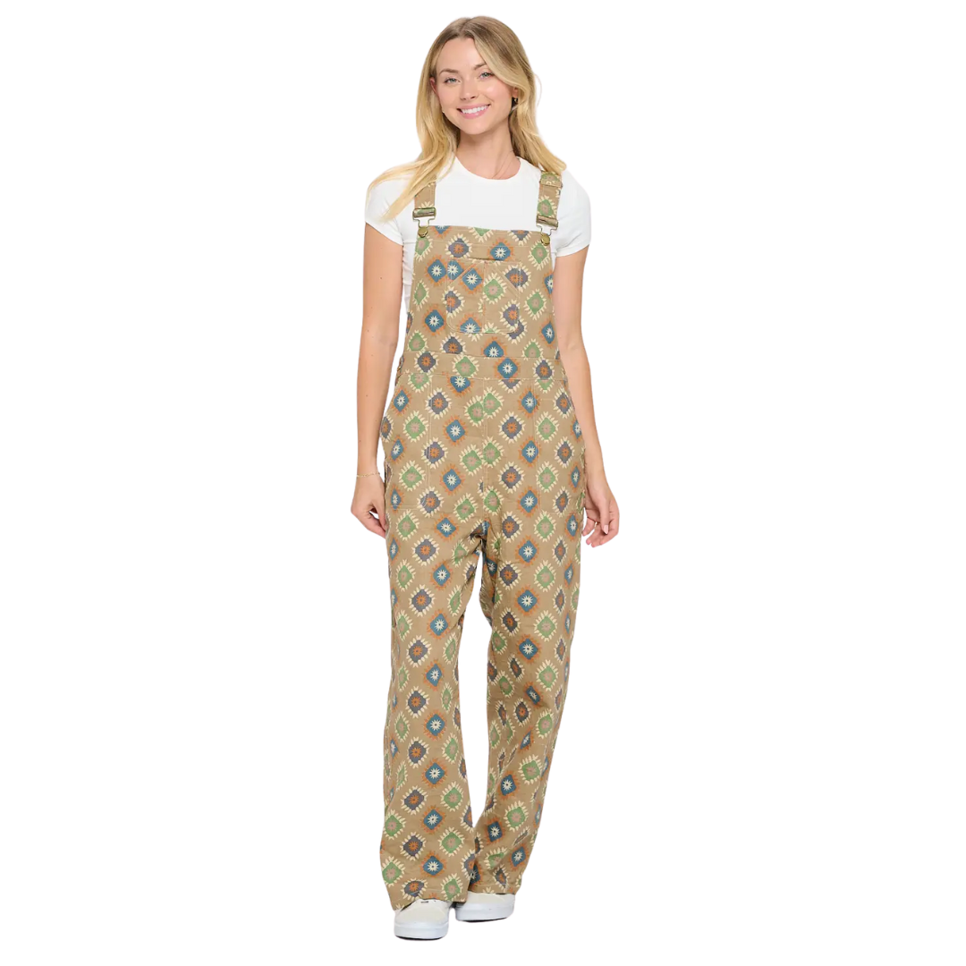 Image of Diamond Floral Print Cotton Overalls - Beige
