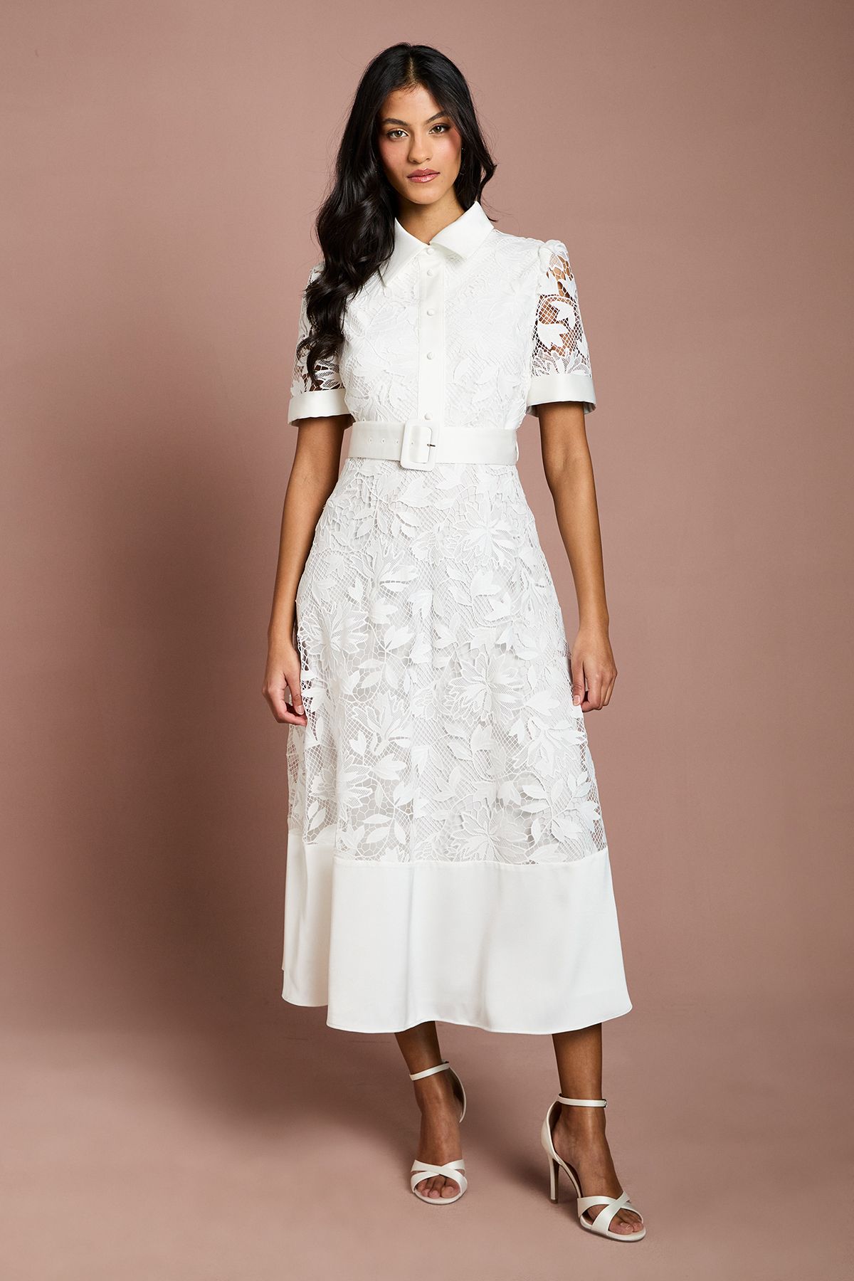 Petite Satin Trim Lace Shirt Midi Dress