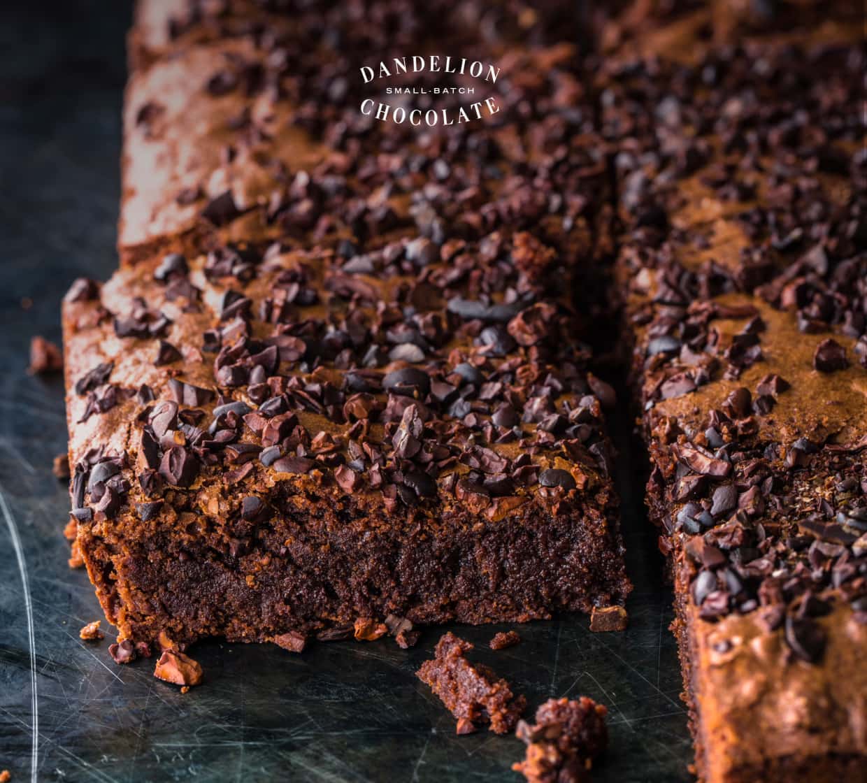 Fudgy brownies sprinkled with cocoa nibs.