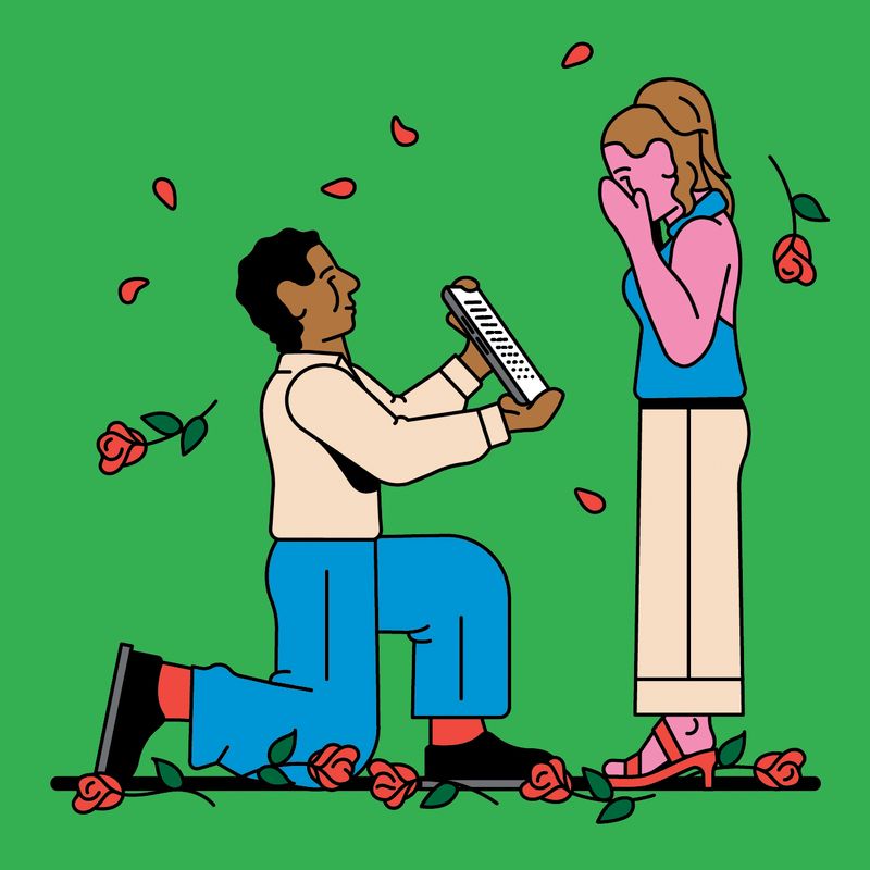 Person proposing to another using an iPad.