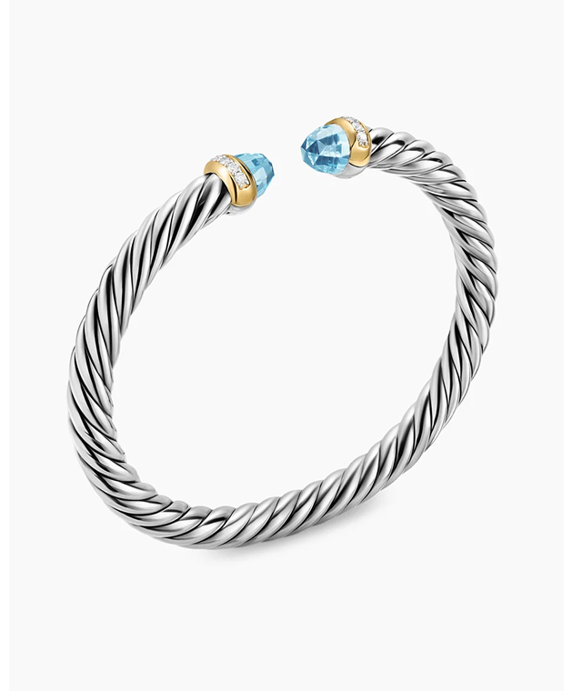 Cable Flex® BraceletSterling Silver with 14K Yellow Gold, Sky Blue Topaz and Diamonds, 6mm
