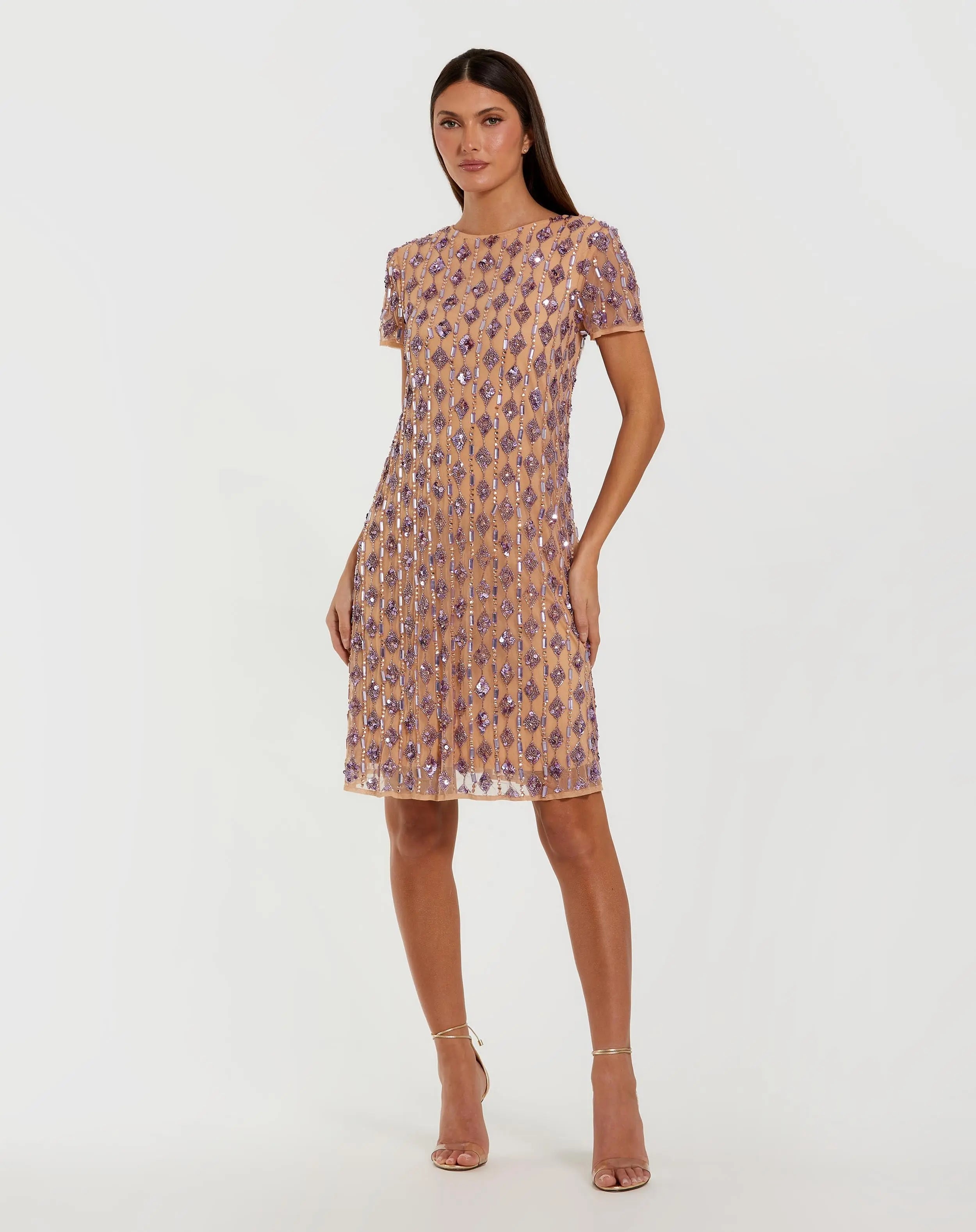 Image of Beige Embellished Short Sleeve Shift Dress