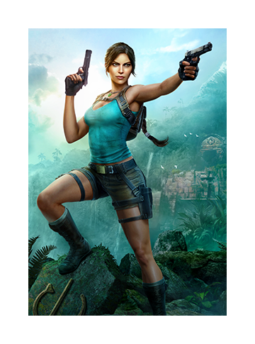 Key art for Tomb Raider: Legacy of Atlantis featuring Lara Croft in her iconic original outfit in a lush jungle environment overgrowing an ancient temple.