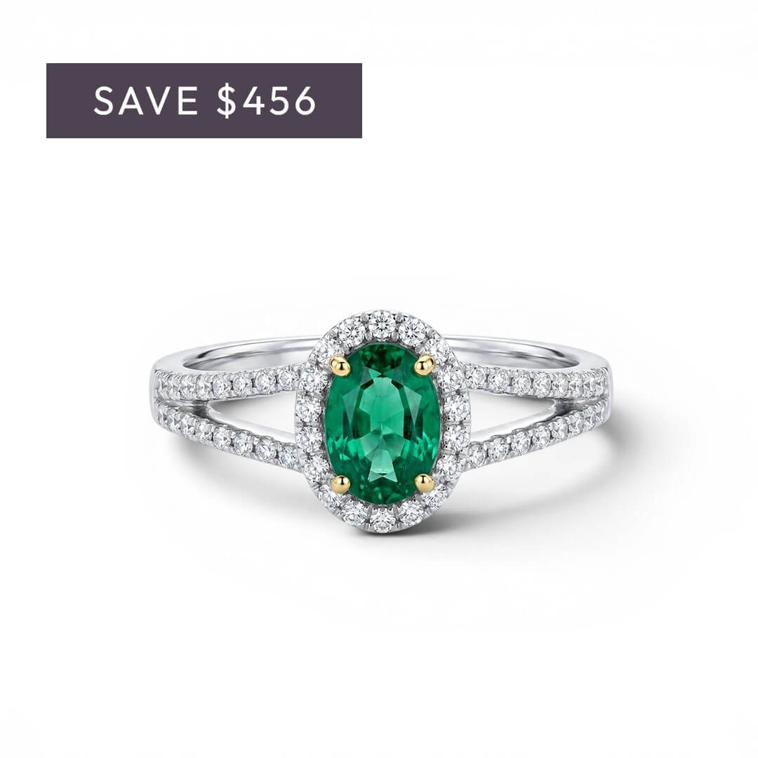 Green Emerald & Diamond Halo Split Ring