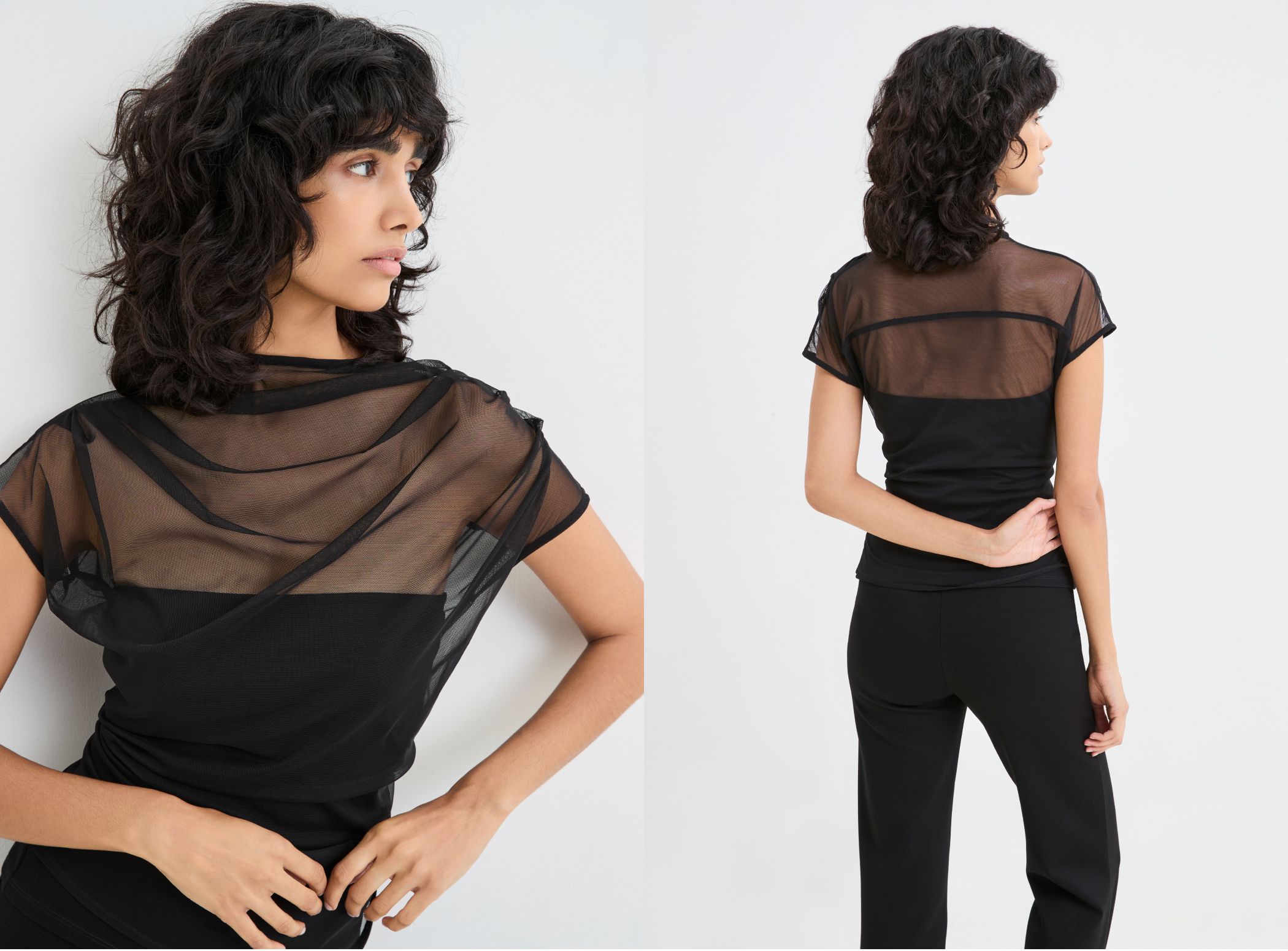 Side and back views of The Dawn Top with sheer overlay and cap sleeves.