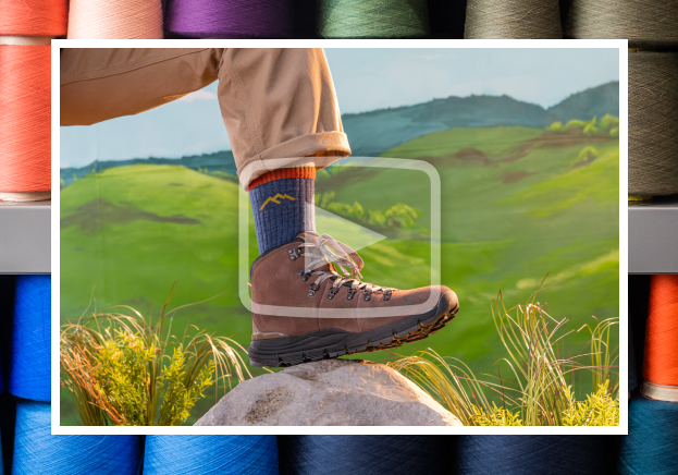 Watch the Video - a foot wearing a 1466 hiking sock and boot rests on a rock, or is it a rock?