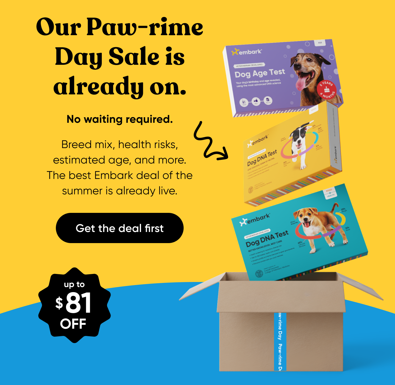Our Paw-rime Day Sale is already on. No waiting required. Breed mix, health risks, estimated age, and more. The best Embark deal of the summer is already live. Get the deal first.