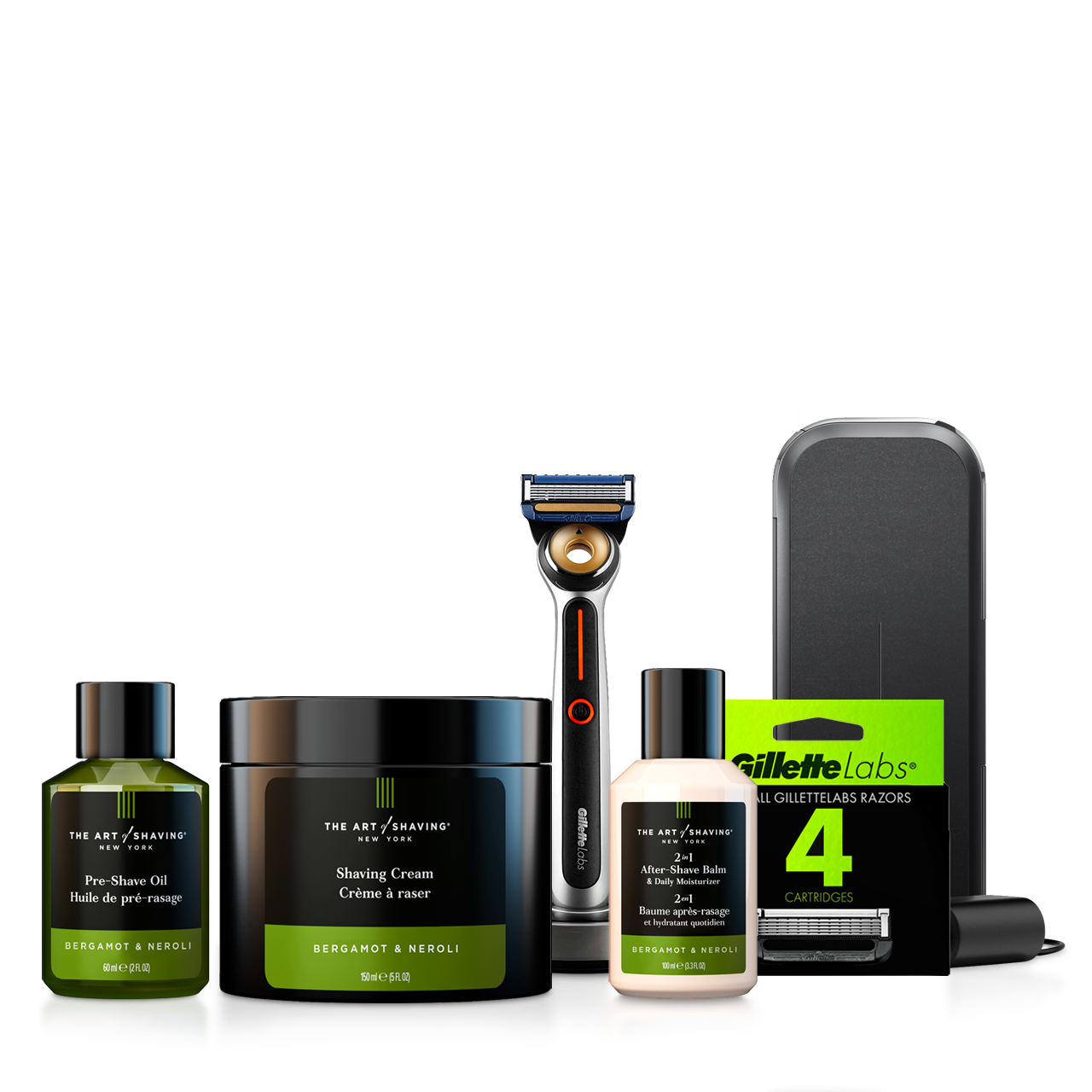Master Barber Heated Razor Bundle with razor, five cartridges, pre-shave oil, shaving cream, after-shave balm, premium brush with stand, and travel case.