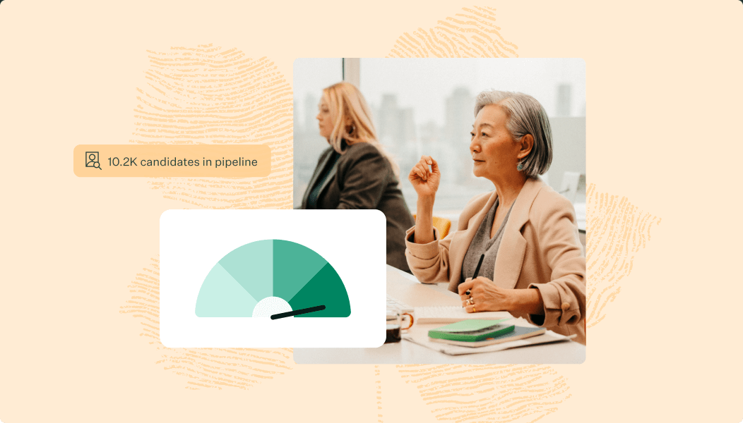 Image-of-two-female-coworkers-and-the-hiring-pipeline-UI-with-pipeline-pill-on-marigold-background