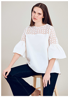 White Cotton Poplin Babydoll Shirt With Geometric Eyelet Design