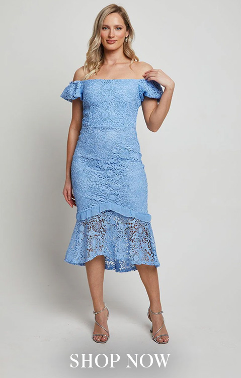 Petite Bardot Premium Lace Peplum Midi Dress in Blue